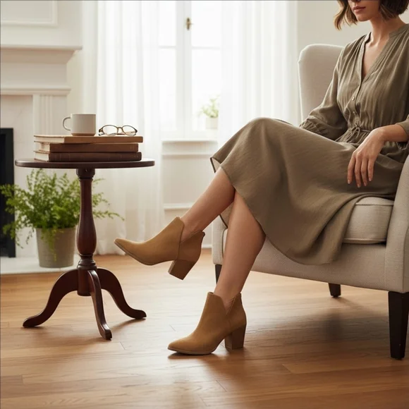 Sun + Stone Modern Microsuede Western Block Heel Booties Boots 7 M Tan BROWN - Picture 12 of 13